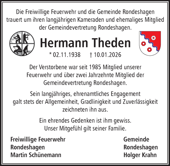 Traueranzeige von Hermann Theden von MARKT Ratzeburg/Mölln