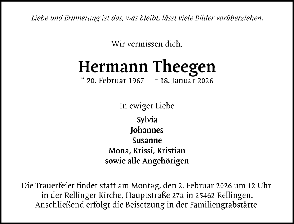  Traueranzeige für Hermann Theegen vom 24.01.2026 aus Region Pinneberg und tip Pinneberg