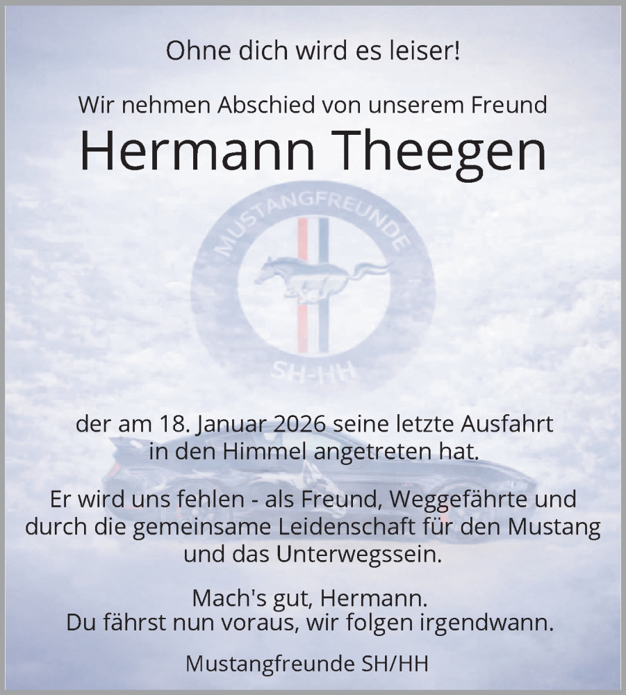  Traueranzeige für Hermann Theegen vom 24.01.2026 aus Region Pinneberg und tip Pinneberg