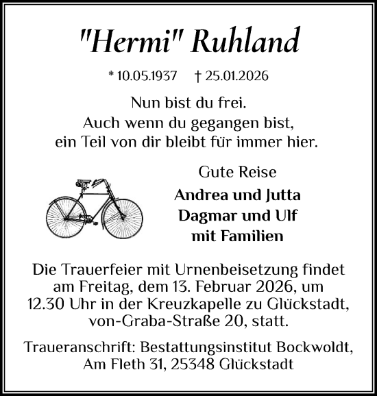 Traueranzeige von Hermi Ruhland von Norddeutsche Rundschau, Wilstersche Zeitung, Glückstädter Fortuna