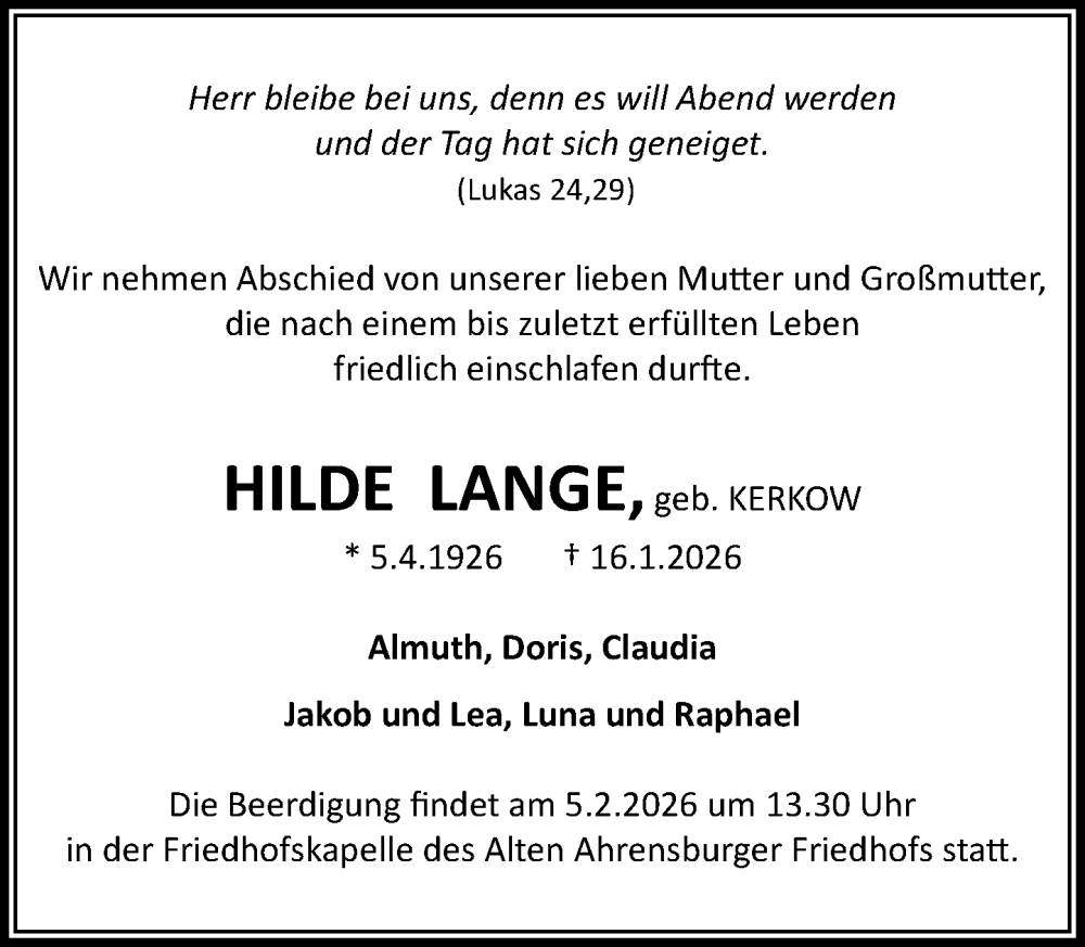  Traueranzeige für Hilde Lange vom 24.01.2026 aus MARKT Ahrensburg/Bargteheide/Trittau und Stormarner Tageblatt