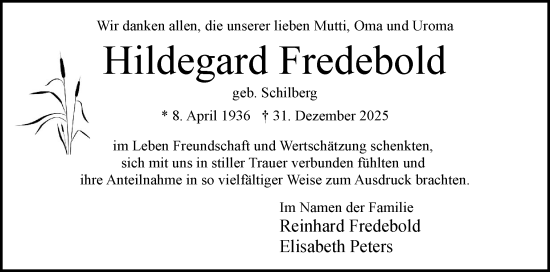 Traueranzeige von Hildegard Fredebold von Norddeutsche Rundschau, Wilstersche Zeitung, Glückstädter Fortuna