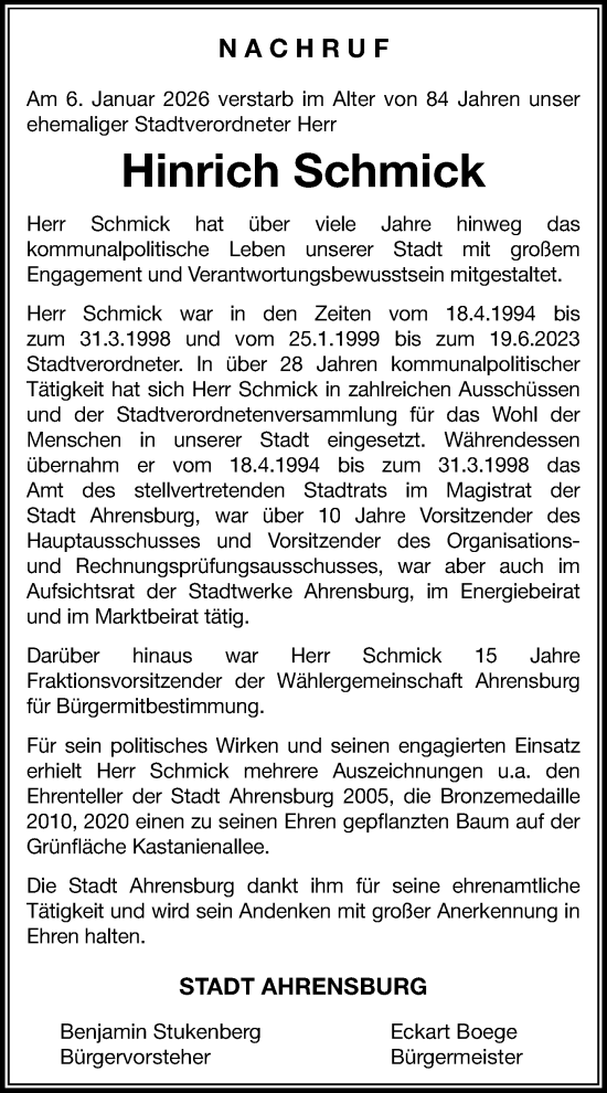 Traueranzeige von Hinrich Schmick von MARKT Ahrensburg/Bargteheide/Trittau und Stormarner Tageblatt