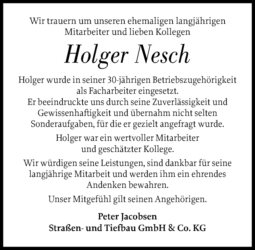  Traueranzeige für Holger Nesch vom 07.02.2026 aus Region Westküste