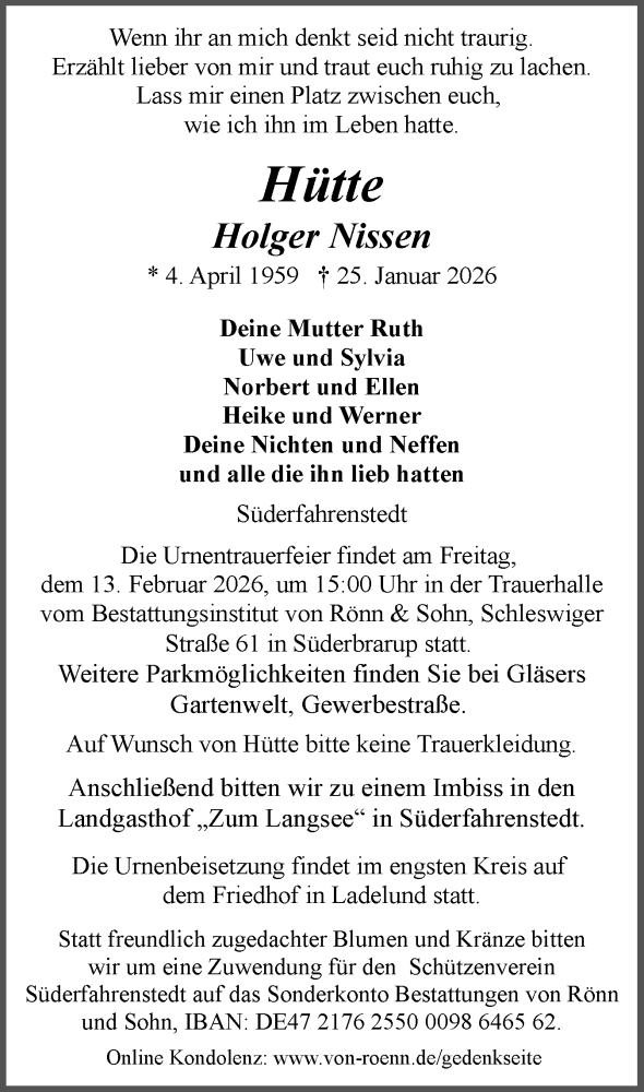  Traueranzeige für Holger Nissen vom 07.02.2026 aus Region Flensburg