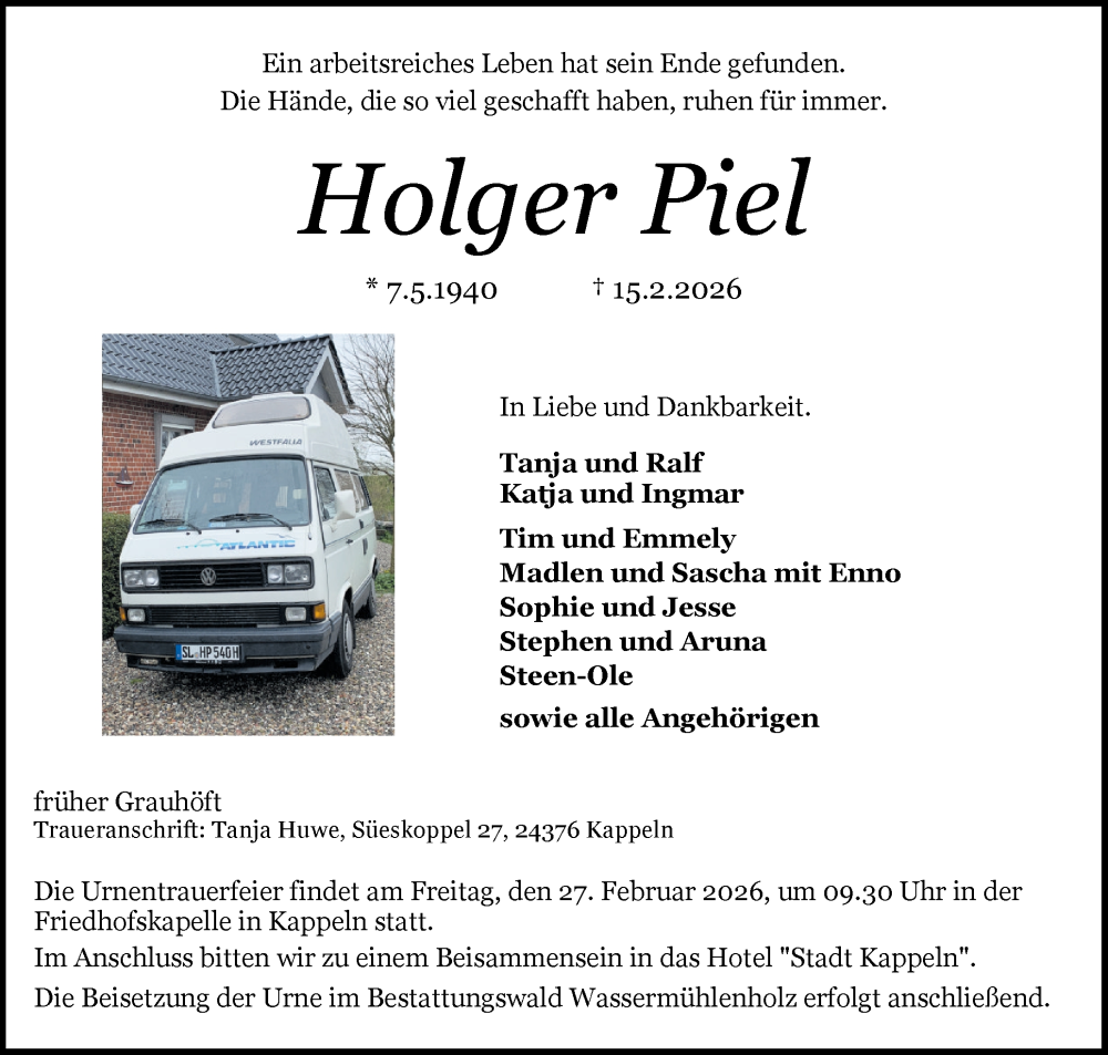  Traueranzeige für Holger Piel vom 21.02.2026 aus Schleswiger Nachrichten, Schlei-Bote