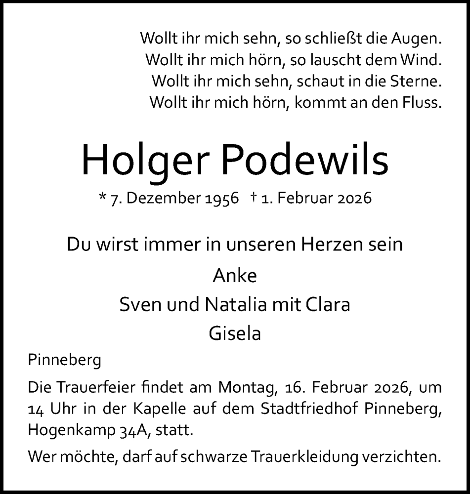 Traueranzeige für Holger Podewils vom 07.02.2026 aus Region Pinneberg und tip Pinneberg
