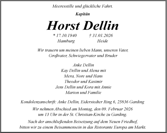 Traueranzeige von Horst Dellin von Husumer Nachrichten, Nordfriesland Tageblatt