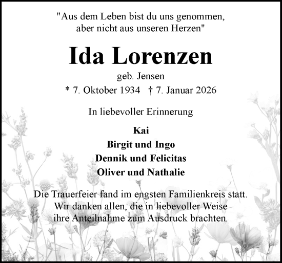 Traueranzeige von Ida Lorenzen von Flensburger Tageblatt