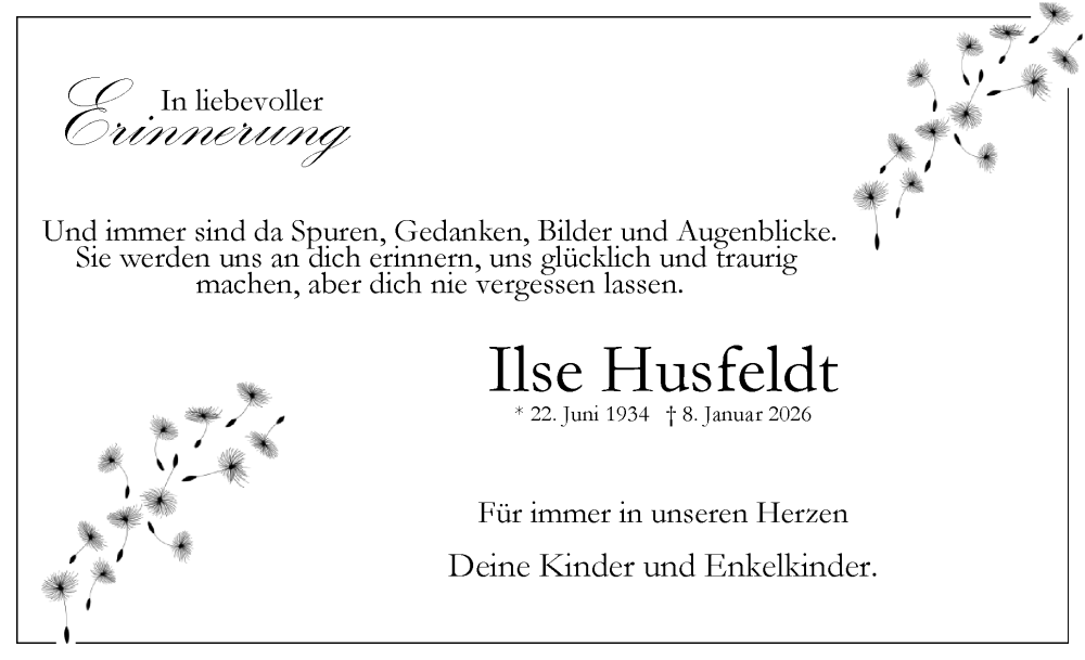  Traueranzeige für Ilse Husfeldt vom 07.02.2026 aus Uetersener Nachrichten, Der tip am Wochenende