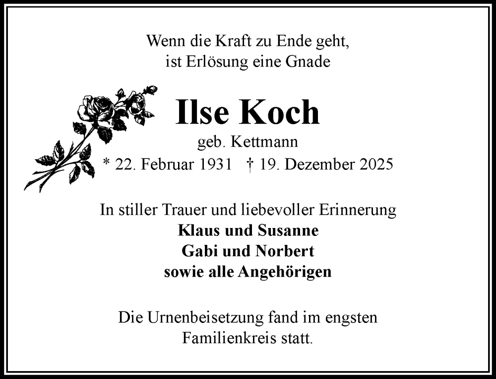  Traueranzeige für Ilse Koch vom 14.02.2026 aus Heimatspiegel