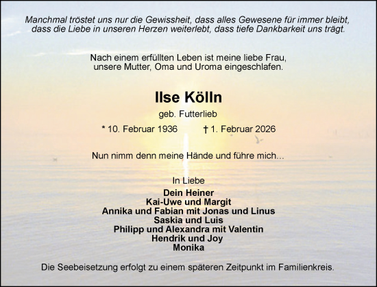 Traueranzeige von Ilse Kölln von Elmshorner Nachrichten, Barmstedter Zeitung