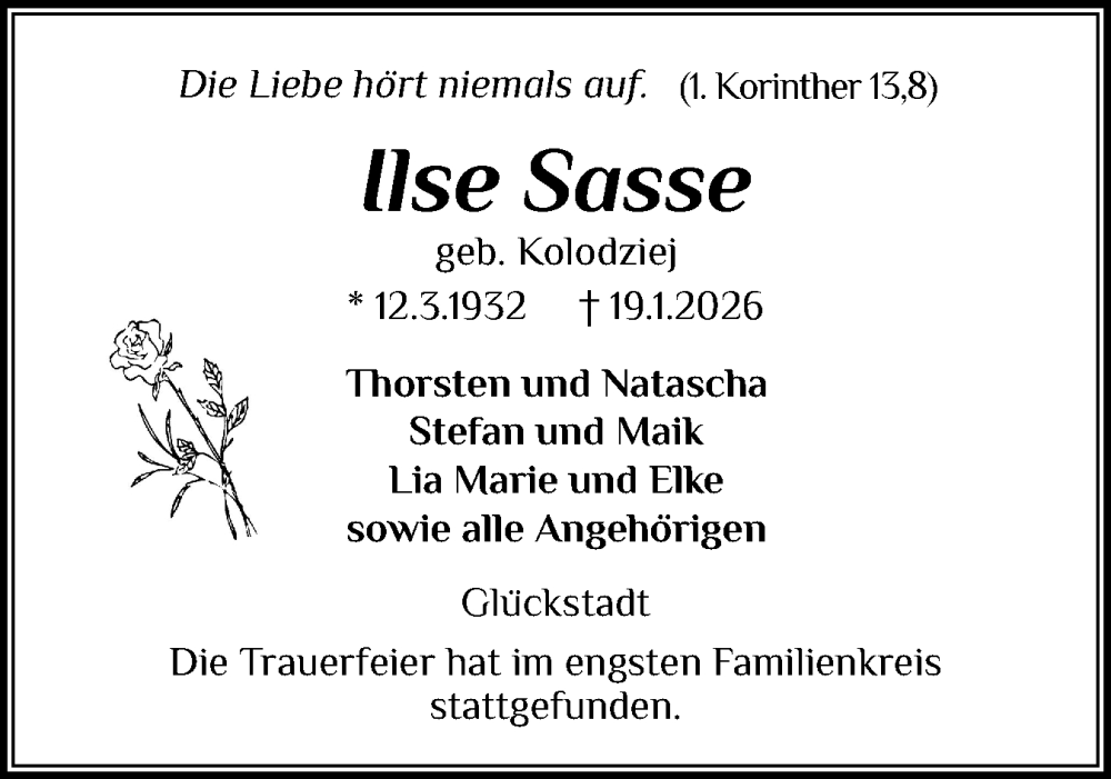  Traueranzeige für Ilse Sasse vom 14.02.2026 aus Norddeutsche Rundschau, Wilstersche Zeitung, Glückstädter Fortuna