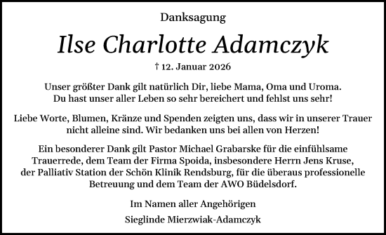 Traueranzeige von Ilse Charlotte Adamczyk von Schleswig-Holsteinische Landeszeitung
