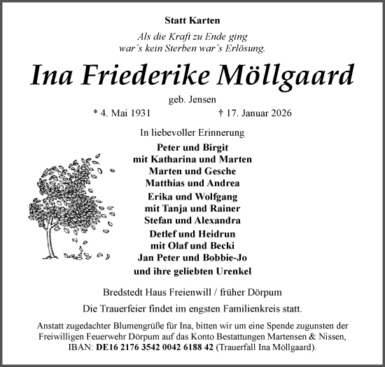 Traueranzeige von Ina Friederike Möllgaard von Husumer Nachrichten, Nordfriesland Tageblatt