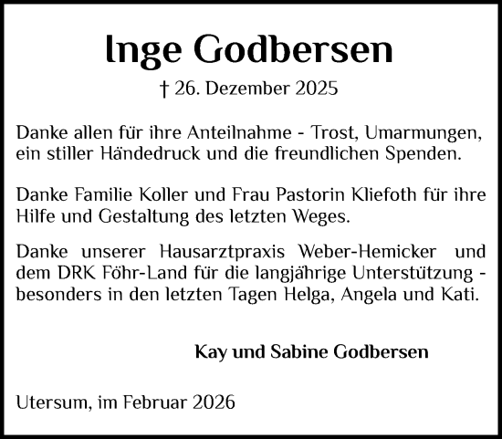 Traueranzeige von Inge Godbersen von Der Insel-Bote