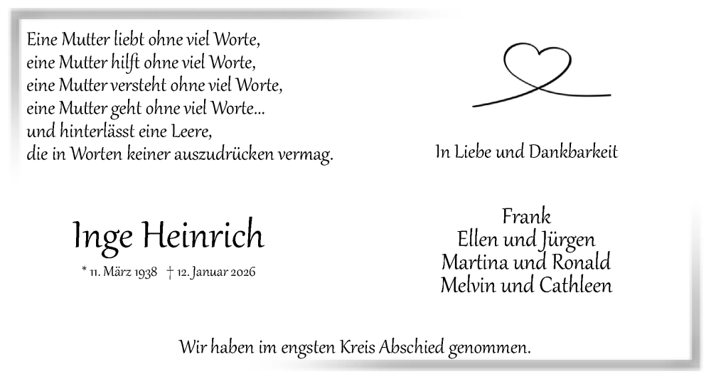  Traueranzeige für Inge Heinrich vom 14.02.2026 aus Uetersener Nachrichten, Der tip am Wochenende