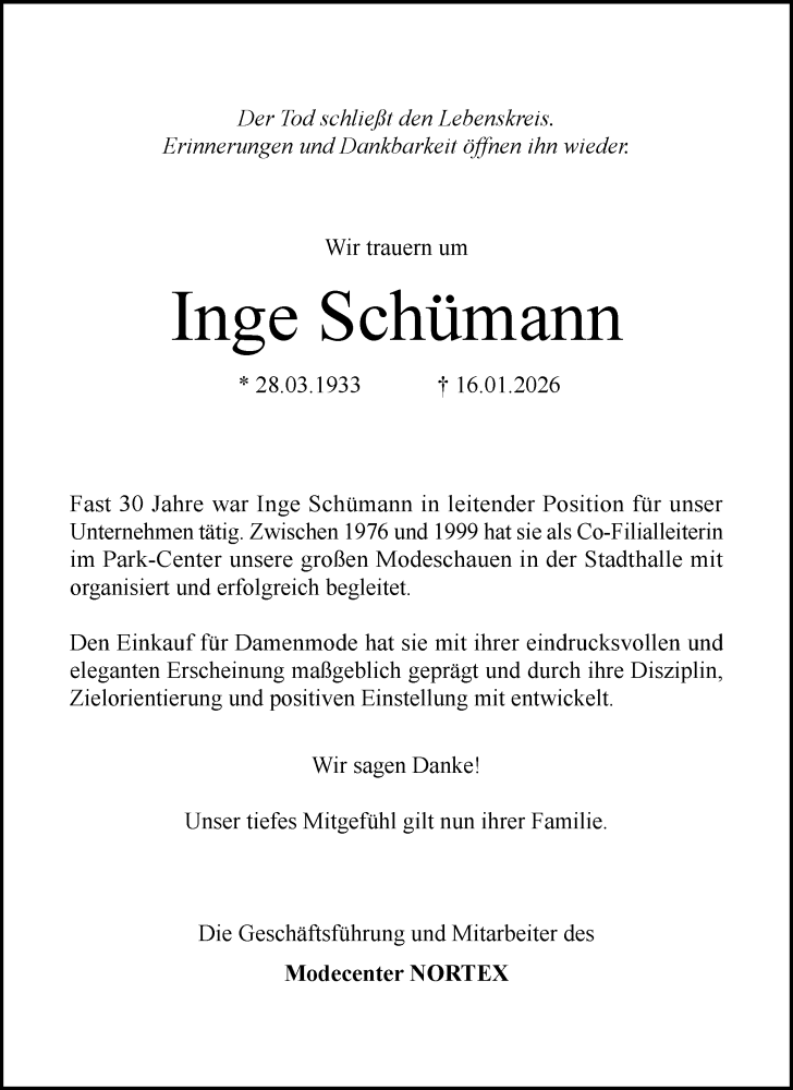  Traueranzeige für Inge Schümann vom 24.01.2026 aus Holsteinischer Courier