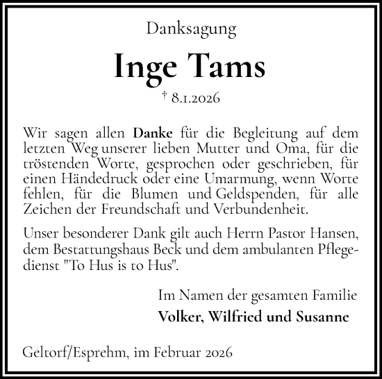 Traueranzeige von Inge Tams von Schleswiger Nachrichten, Schlei-Bote