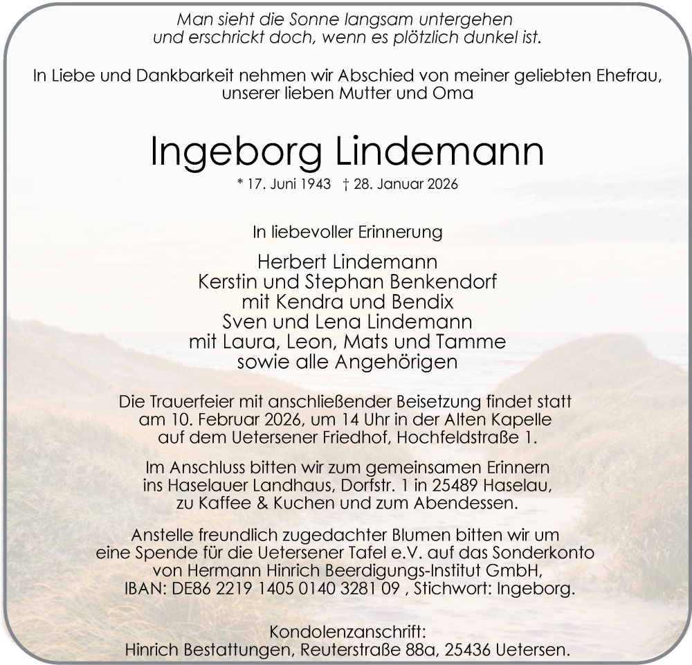  Traueranzeige für Ingeborg Lindemann vom 07.02.2026 aus Uetersener Nachrichten, Der tip am Wochenende