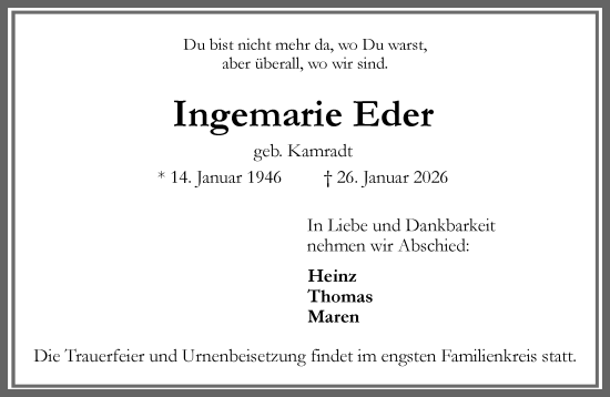 Traueranzeige von Ingemarie Eder von Umschau