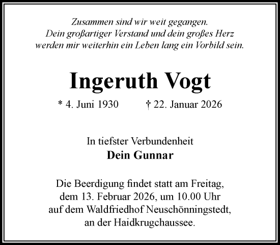 Traueranzeige von Ingeruth Vogt von MARKT Glinde/Reinfeld