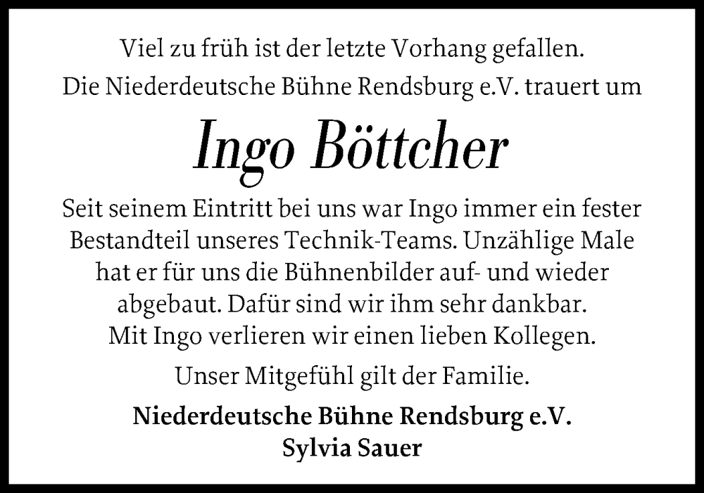  Traueranzeige für Ingo Böttcher vom 07.02.2026 aus Schleswig-Holsteinische Landeszeitung
