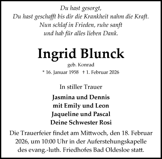 Traueranzeige von Ingrid Blunck von MARKT Bad Oldesloe/Reinfeld und Stormarner Tageblatt