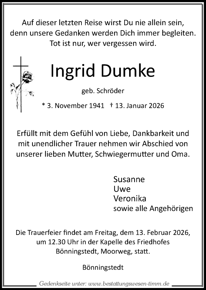  Traueranzeige für Ingrid Dumke vom 07.02.2026 aus Region Pinneberg und tip Pinneberg