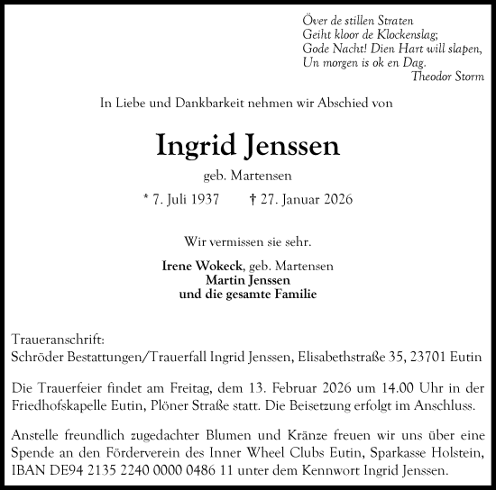 Traueranzeige von Ingrid Jenssen von Ostholsteiner Anzeiger
