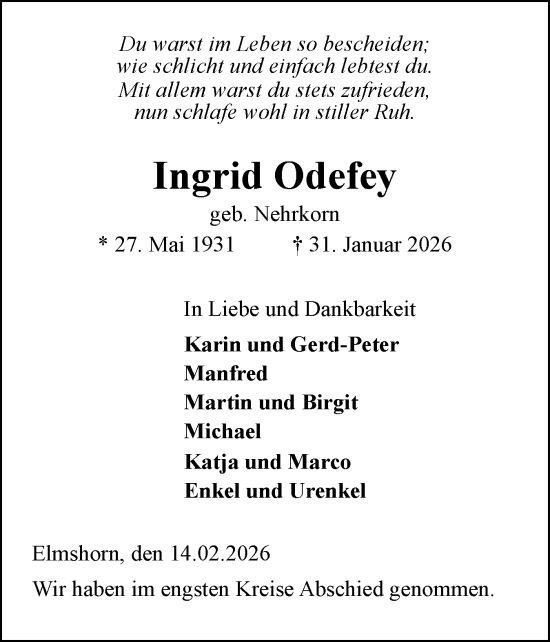 Traueranzeige von Ingrid Odefey von Elmshorner Nachrichten, Barmstedter Zeitung