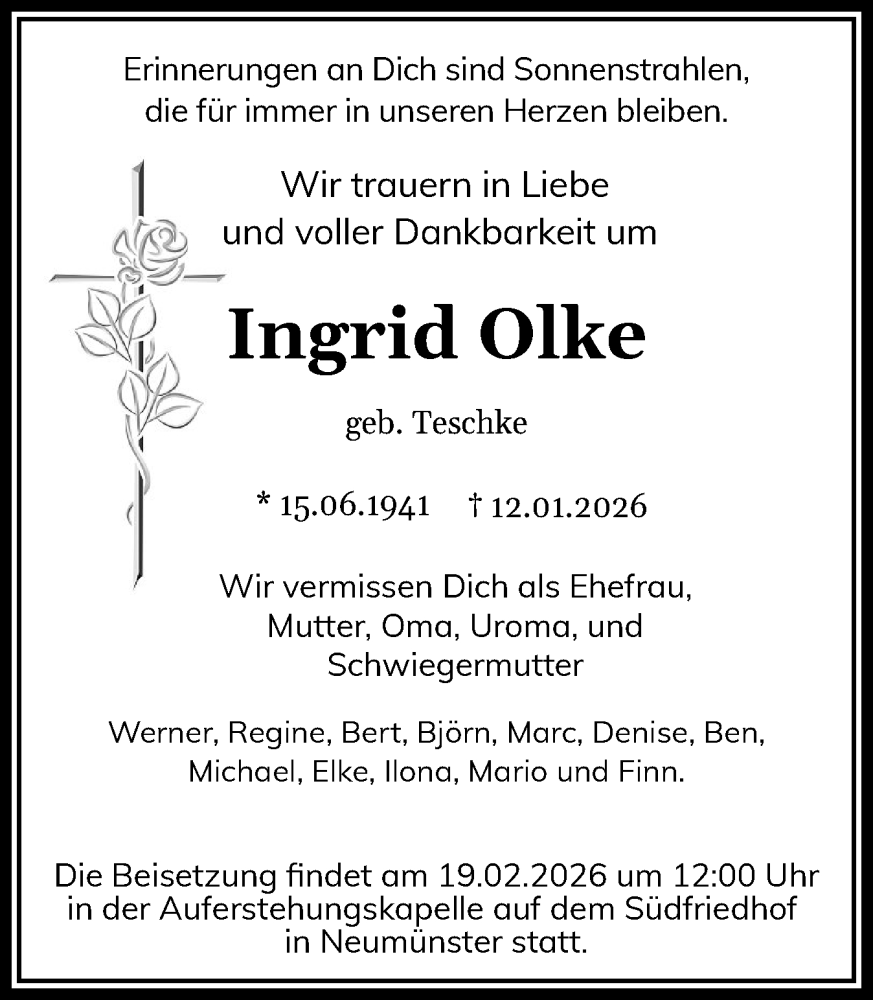  Traueranzeige für Ingrid Olke vom 07.02.2026 aus Holsteinischer Courier