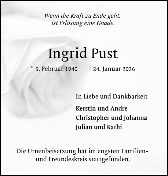 Traueranzeige von Ingrid Pust von Uetersener Nachrichten, Der tip am Wochenende