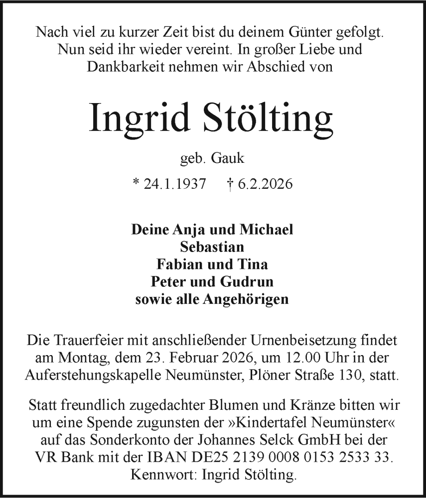  Traueranzeige für Ingrid Stölting vom 14.02.2026 aus Holsteinischer Courier