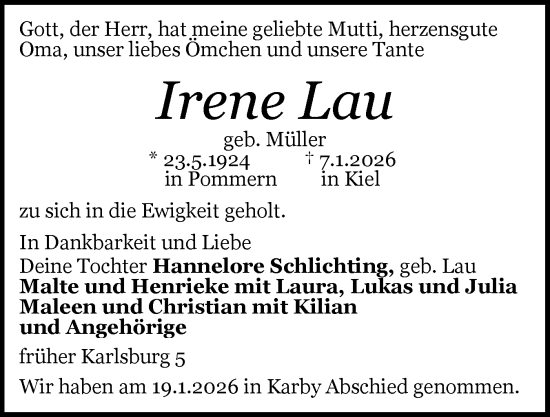 Traueranzeige von Irene Lau 