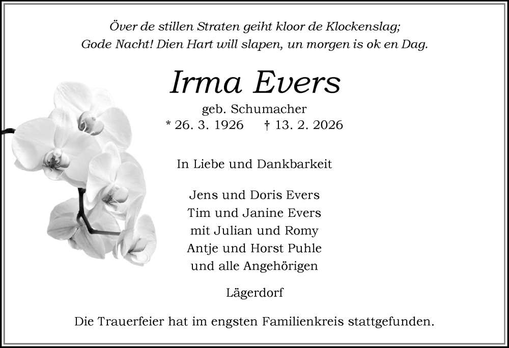 Traueranzeige für Irma Evers vom 21.02.2026 aus Norddeutsche Rundschau, Wilstersche Zeitung, Glückstädter Fortuna