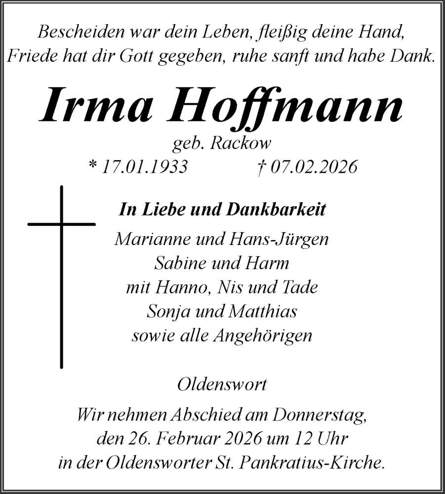  Traueranzeige für Irma Hoffmann vom 13.02.2026 aus Husumer Nachrichten, Nordfriesland Tageblatt