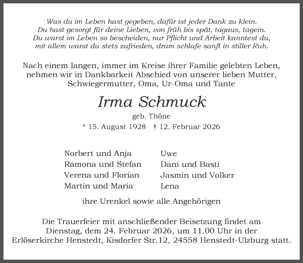  Traueranzeige für Irma Schmuck vom 21.02.2026 aus Umschau