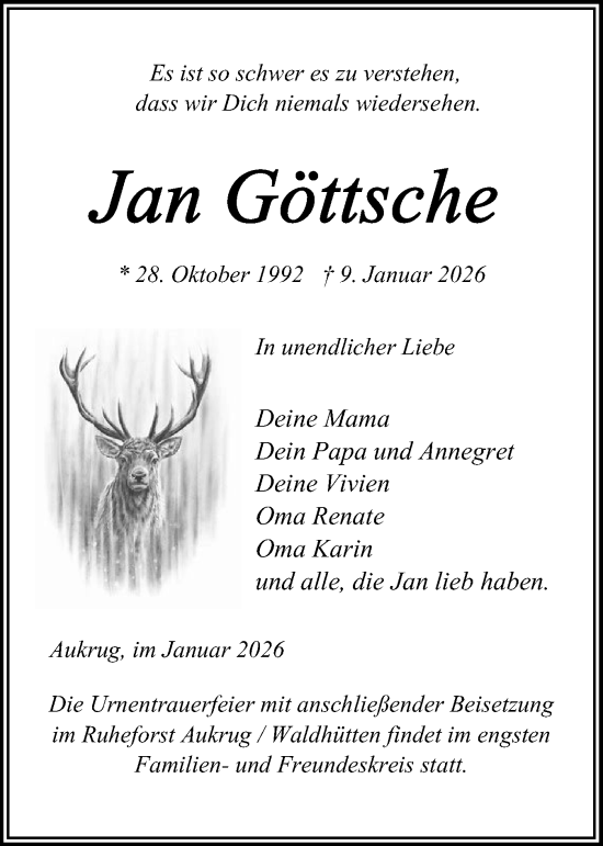 Traueranzeige von Jan Göttsche von Schleswig-Holsteinische Landeszeitung