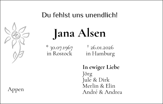 Traueranzeige von Jana Alsen von Region Pinneberg und tip Pinneberg