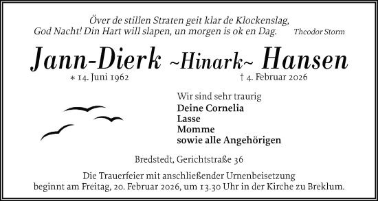Traueranzeige von Jann-Dierk Hansen von Husumer Nachrichten, Nordfriesland Tageblatt