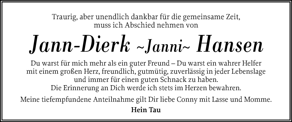  Traueranzeige für Jann-Dierk Hansen vom 12.02.2026 aus Husumer Nachrichten, Nordfriesland Tageblatt