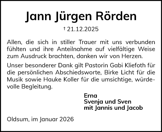 Traueranzeige von Jann Jürgen Rörden von Der Insel-Bote