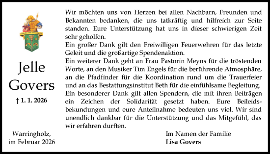 Traueranzeige von Jelle Govers von Norddeutsche Rundschau, Wilstersche Zeitung, Glückstädter Fortuna