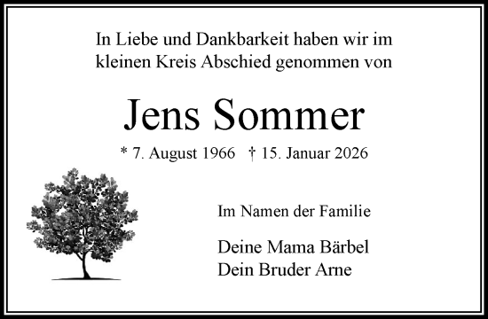 Traueranzeige von Jens Sommer von MARKT Bad Oldesloe/Reinfeld und Stormarner Tageblatt