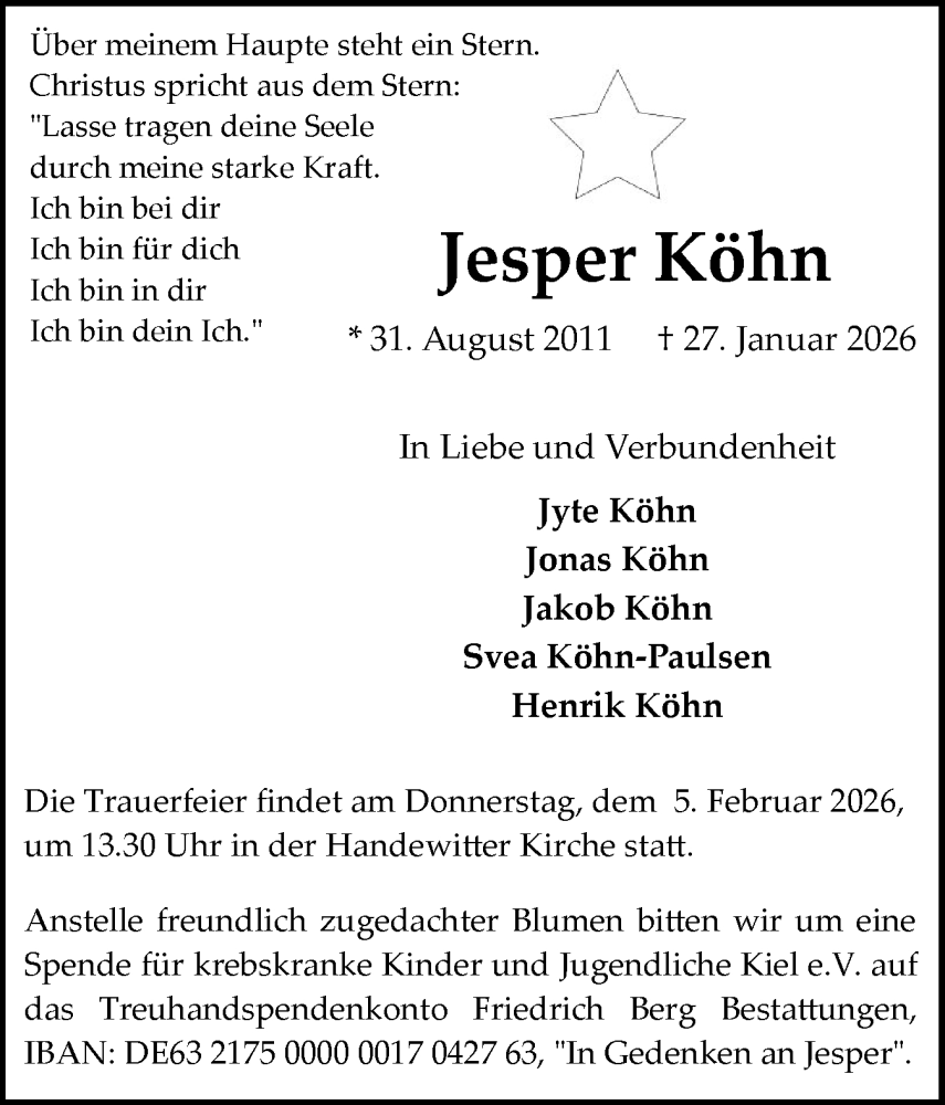  Traueranzeige für Jesper Köhn vom 04.02.2026 aus Flensburger Tageblatt