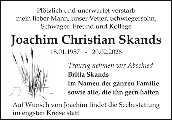 Traueranzeige von Joachim Christian Skands von Sylter Rundschau