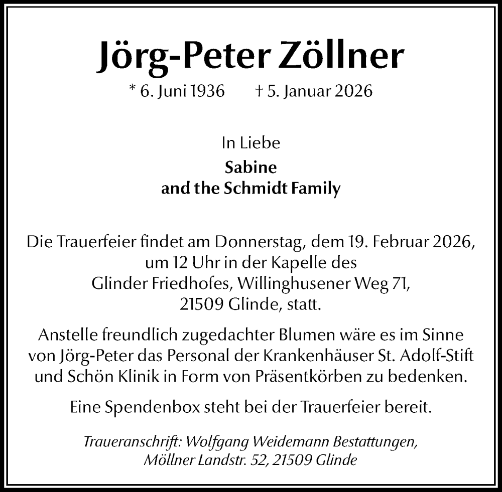  Traueranzeige für Jörg-Peter Zöllner vom 14.02.2026 aus MARKT Glinde/Reinfeld