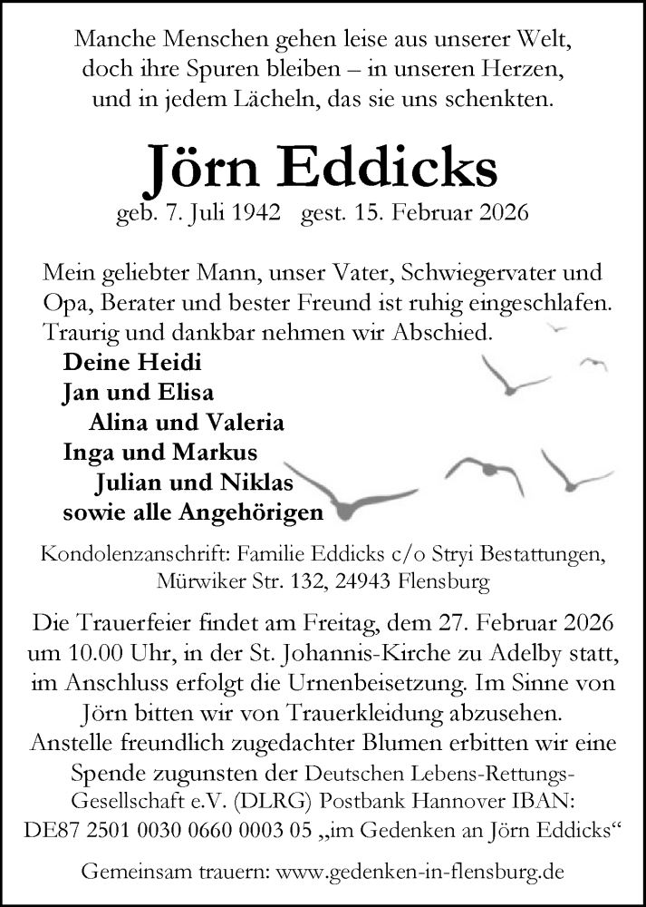  Traueranzeige für Jörn Eddicks vom 21.02.2026 aus Flensburger Tageblatt