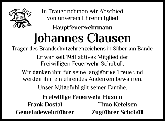 Traueranzeige von Johannes Clausen von Husumer Nachrichten, Nordfriesland Tageblatt
